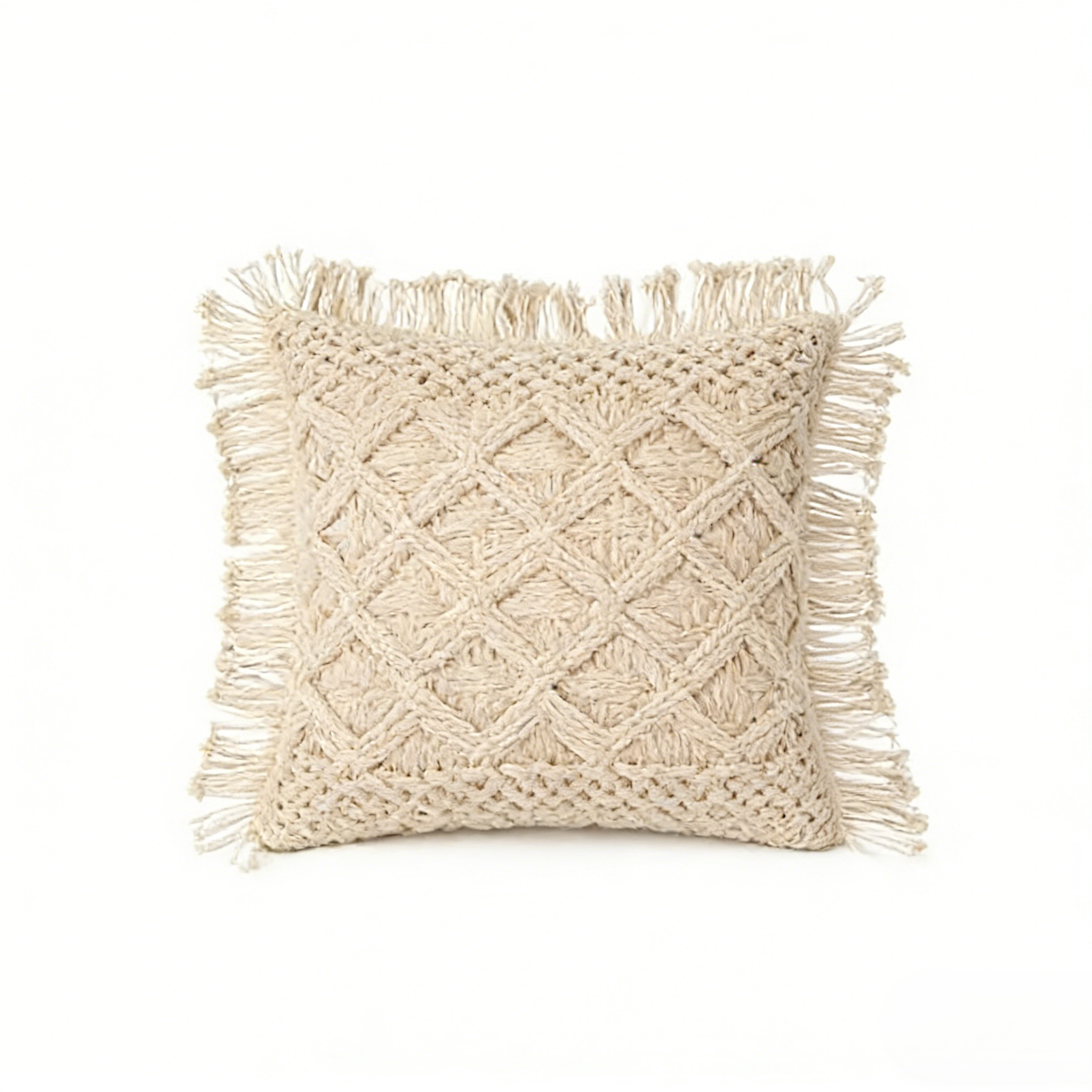 Handmade Woven Bohemian Tassel Pillow Cover with Floral Accents, Crochet Fringe Cushion Case