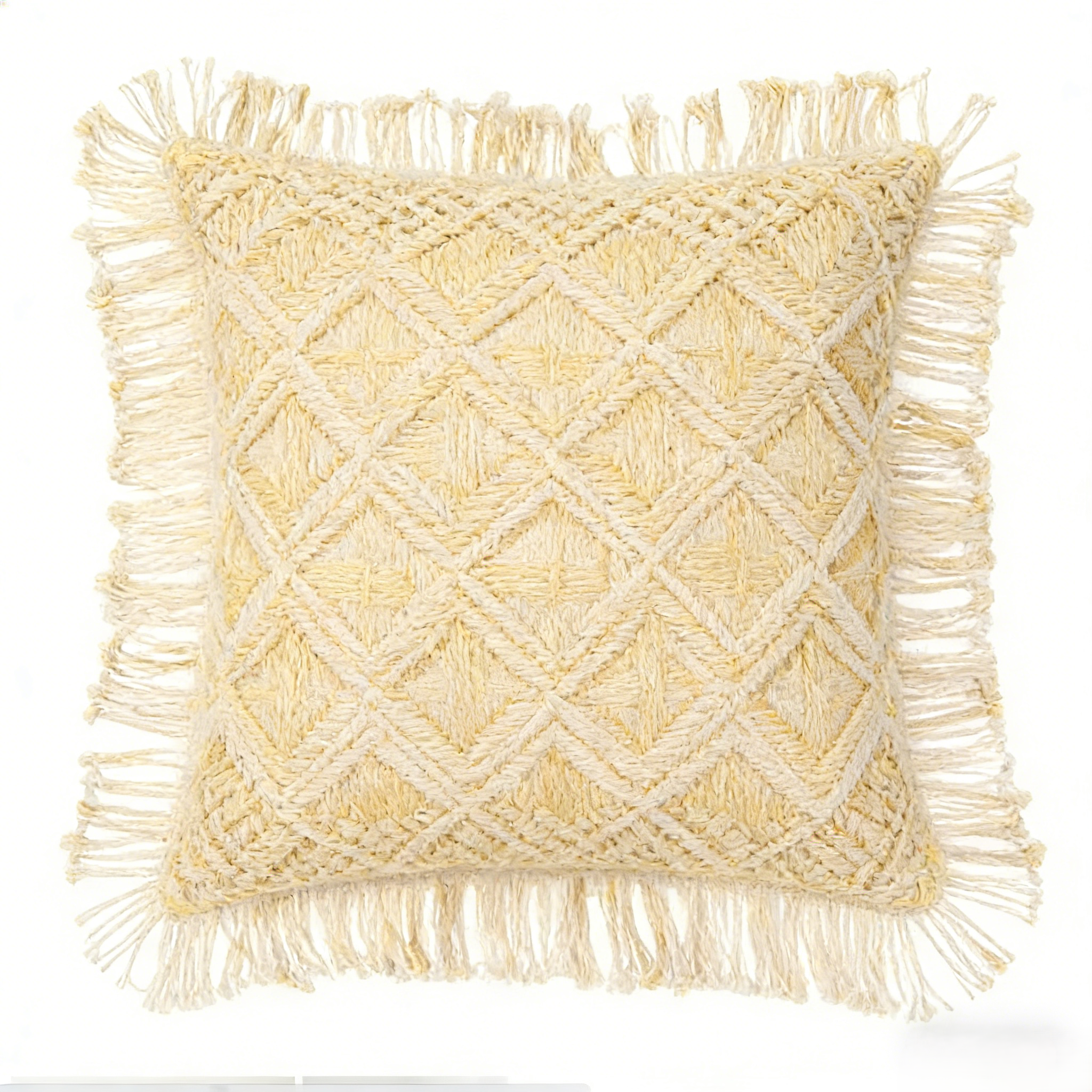 Handmade Woven Bohemian Tassel Pillow Cover with Floral Accents, Crochet Fringe Cushion Case