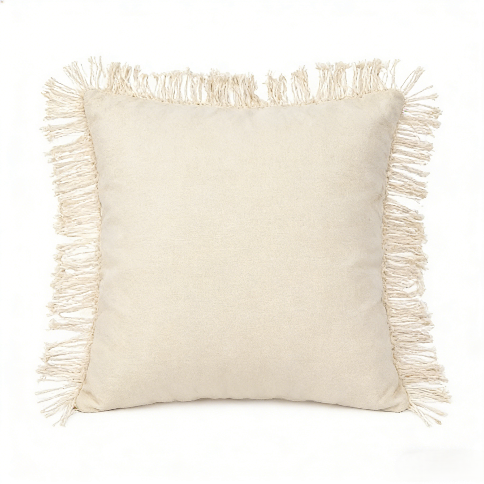 Handmade Woven Bohemian Tassel Pillow Cover with Floral Accents, Crochet Fringe Cushion Case