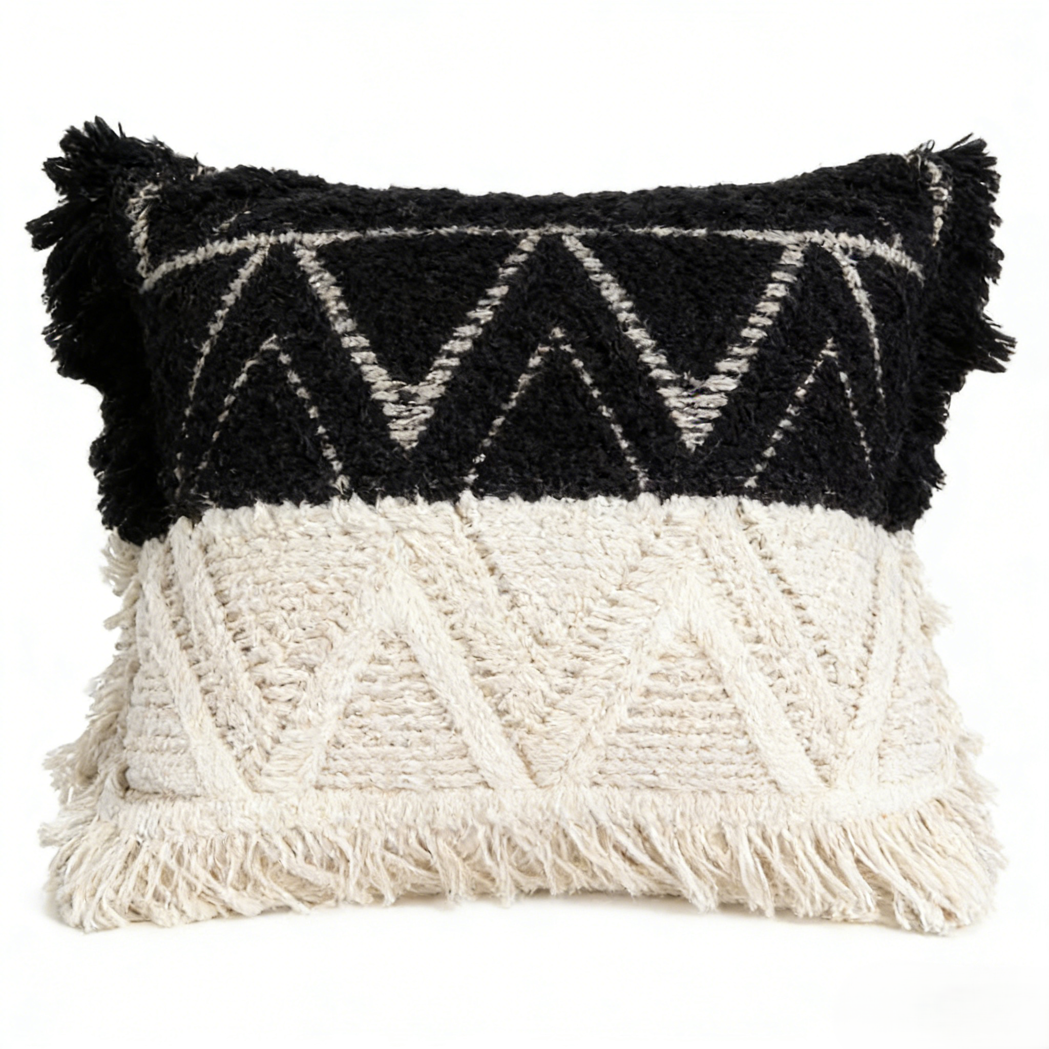 Handmade Woven Bohemian Tassel Pillow Cover with Floral Accents, Crochet Fringe Cushion Case