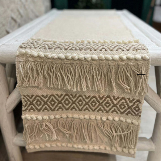 Boho Geometric Table Runner with Double Fringe, Handwoven Pom-Pom Textured Wabi-Sabi Dining Runner