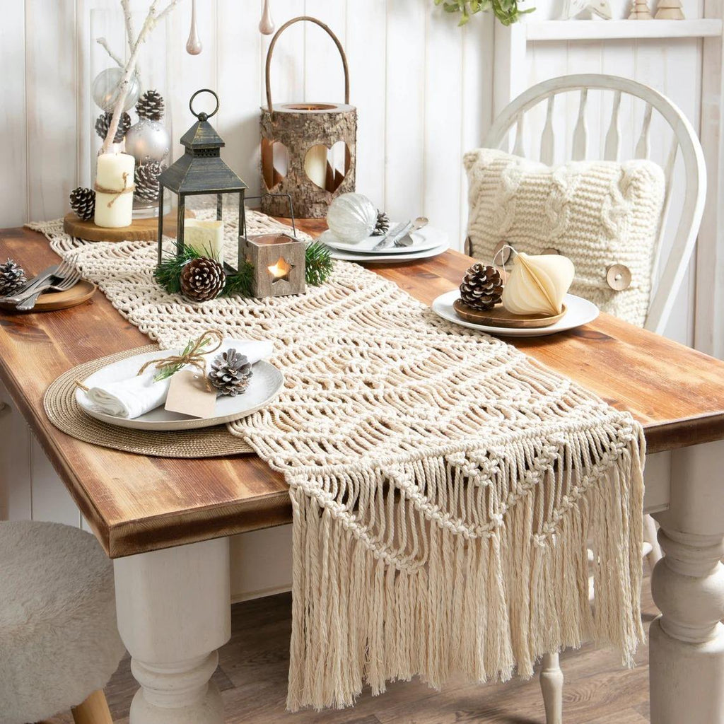Handwoven Tassel Table Runner, Neutral Macramé Table Cover