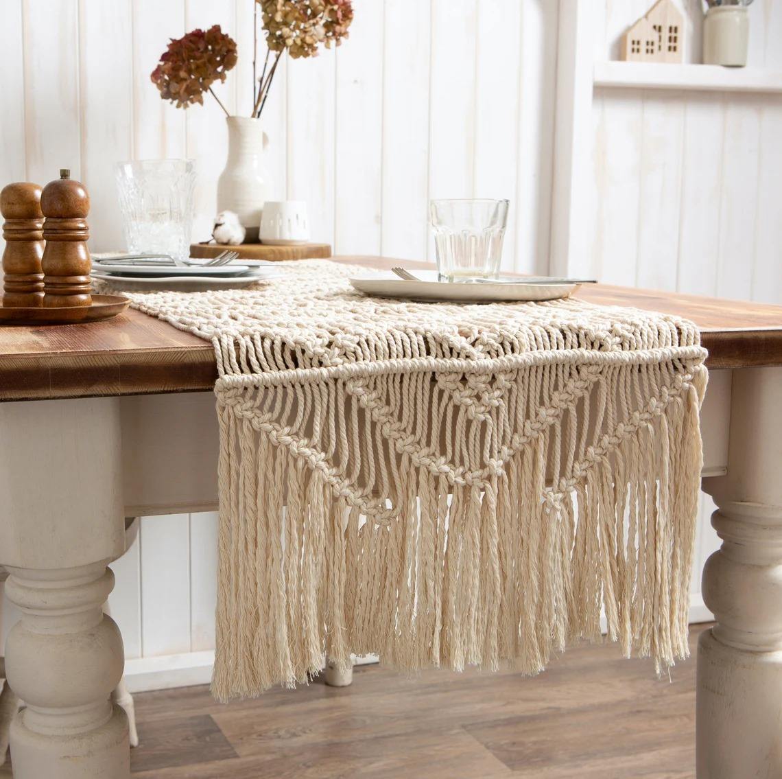 Handwoven Tassel Table Runner, Neutral Macramé Table Cover