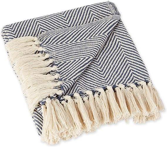 Herringbone Woven Blanket, Blue & White Fringed Throw for Modern Living Spaces