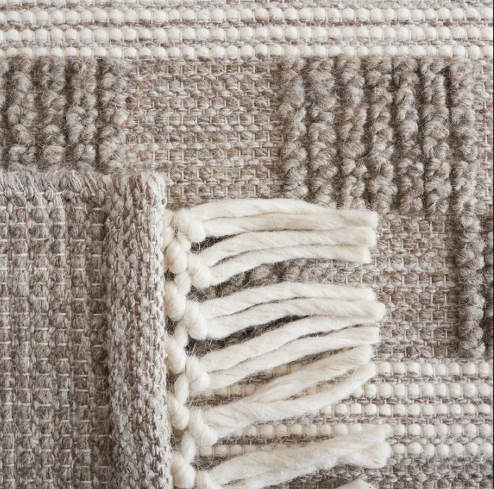 Handwoven Stripe Rug, Neutral Fringed Floor Cover for Modern Living Spaces