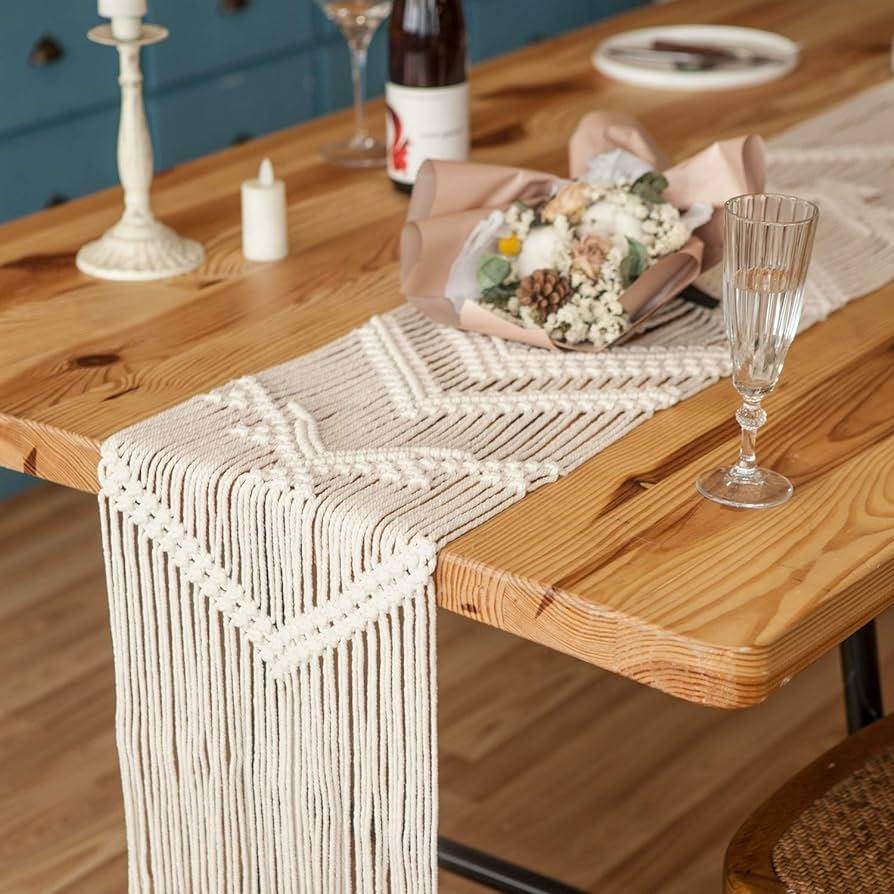 Handwoven Tassel Table Runner, Neutral Macramé Table Cover