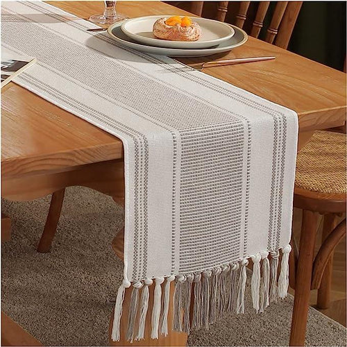 Artisan Textured Stripe Runner | Neutral Fringed Table Decor for Modern Farmhouse