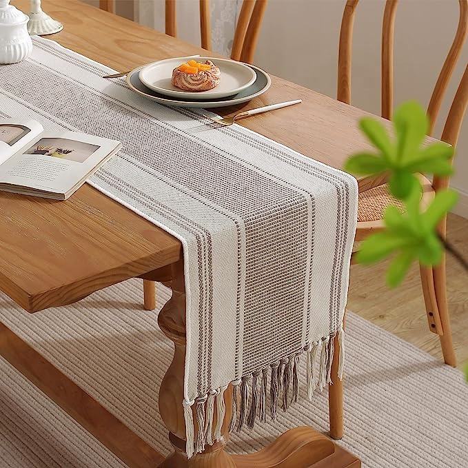 Artisan Textured Stripe Runner | Neutral Fringed Table Decor for Modern Farmhouse