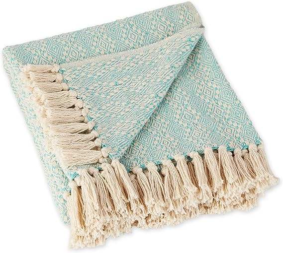 Gradient Geometric Throw Blanket, Cotton Linen Woven Decorative Blanket with Tassels for Couch Bed