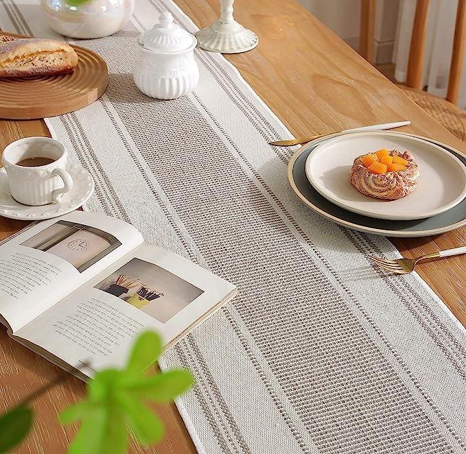 Artisan Textured Stripe Runner | Neutral Fringed Table Decor for Modern Farmhouse