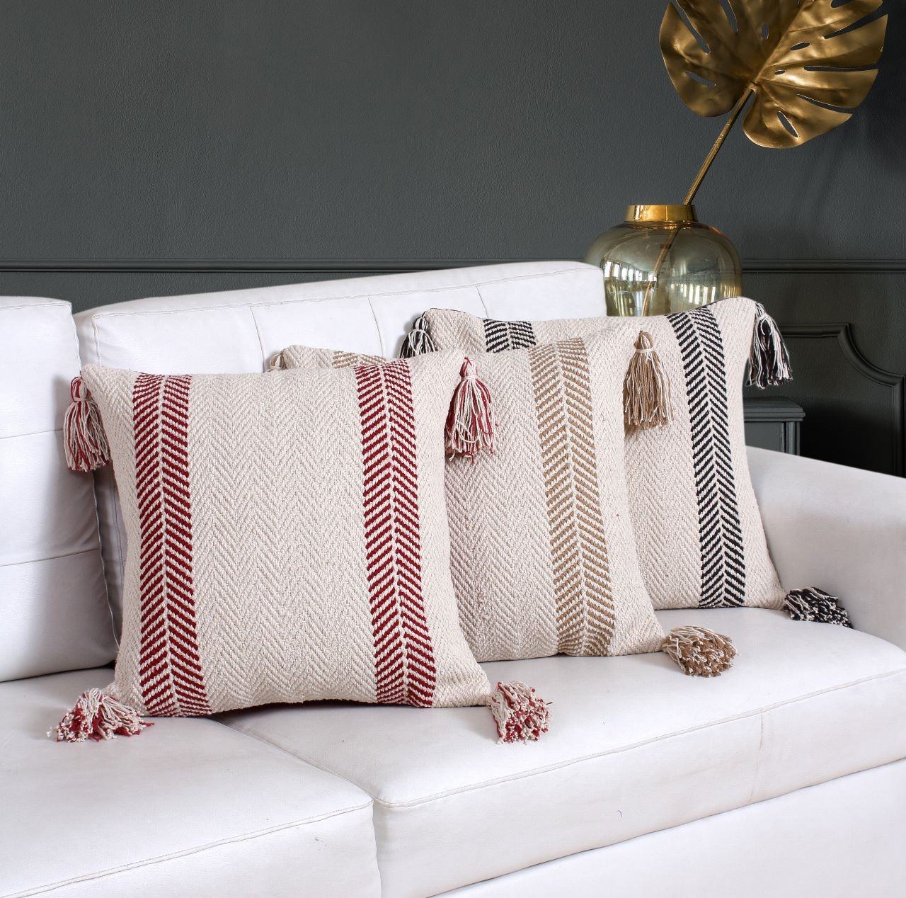 2-Piece Beige Hand-Woven Cotton Herringbone Double-Sided Pillow Covers with Tassels