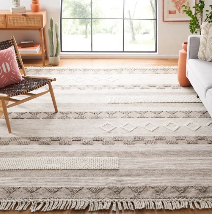 Handwoven Stripe Rug, Neutral Fringed Floor Cover for Modern Living Spaces
