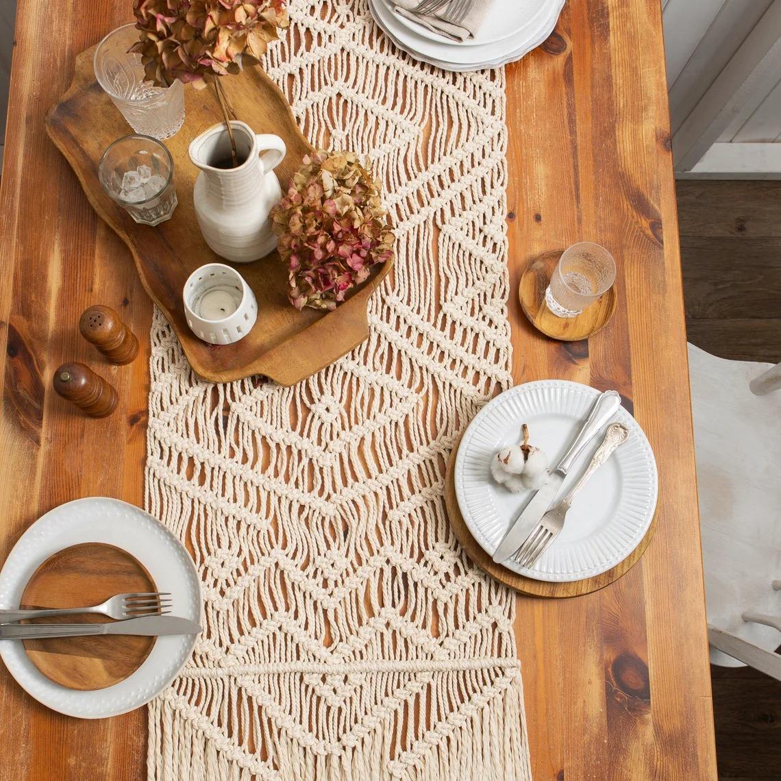 Handwoven Tassel Table Runner, Neutral Macramé Table Cover