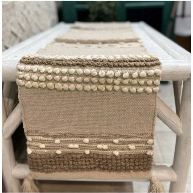 Boho Geometric Table Runner with Double Fringe, Handwoven Pom-Pom Textured Wabi-Sabi Dining Runner