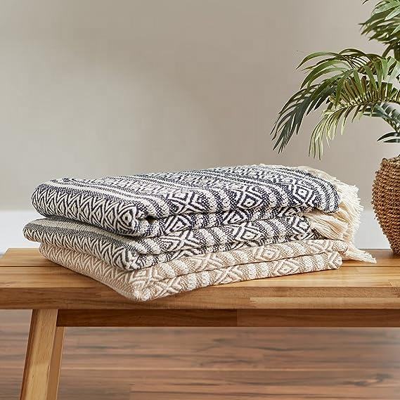 Geometric Woven Blanket, Neutral Tassel Throw for Modern Living Spaces
