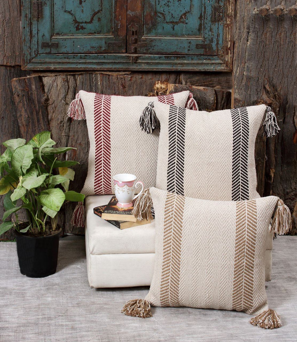 2-Piece Beige Hand-Woven Cotton Herringbone Double-Sided Pillow Covers with Tassels