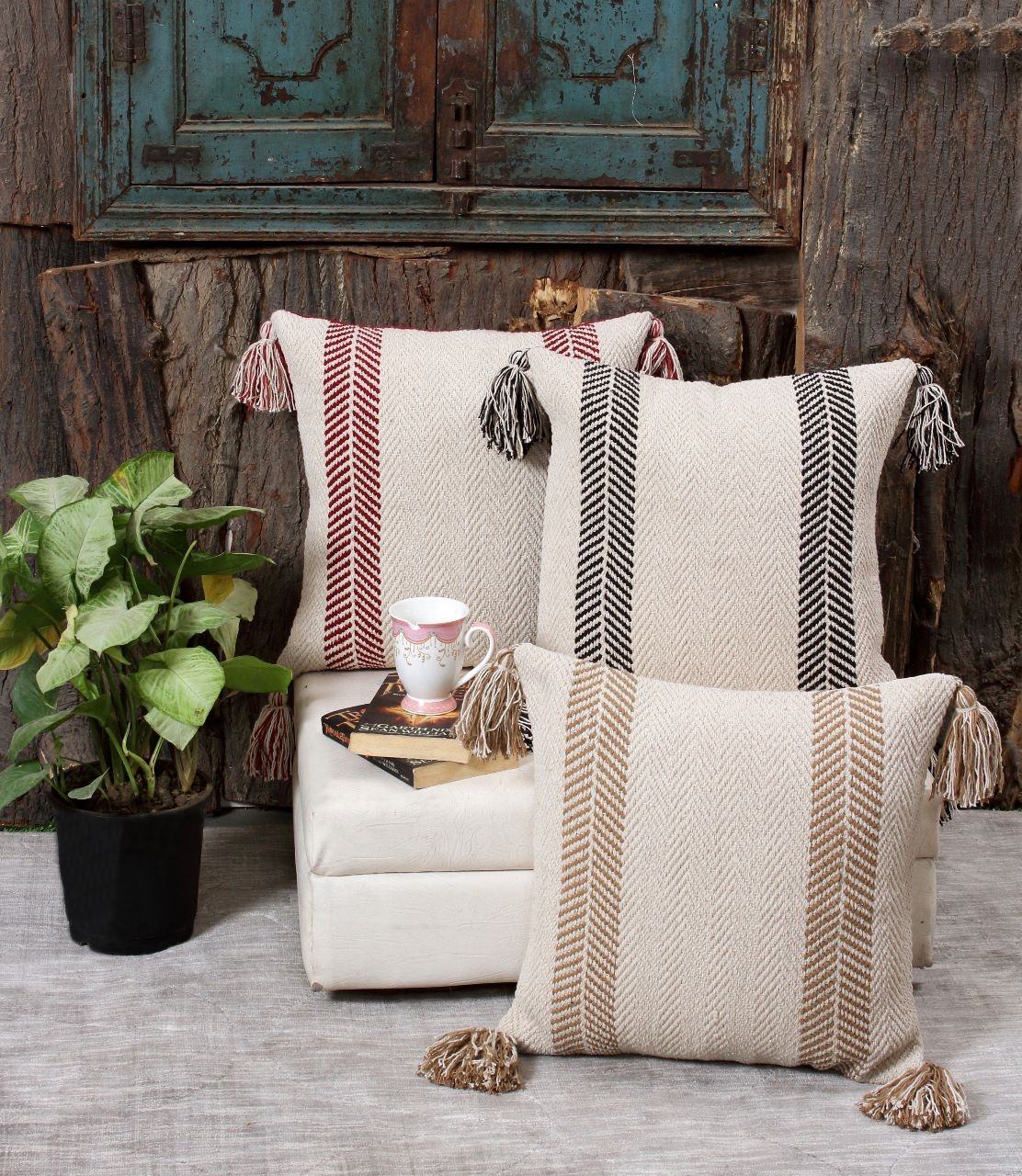 2-Piece Beige Hand-Woven Cotton Herringbone Double-Sided Pillow Covers with Tassels