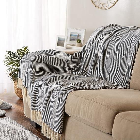 Herringbone Woven Blanket, Blue & White Fringed Throw for Modern Living Spaces
