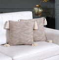 2-Piece Neutral Beige Cotton Woven Decorative Pillow Cover Set with Tassels, 18x18 Inches