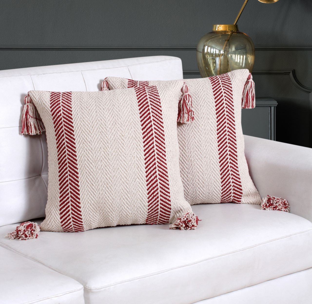 2-Piece Beige Hand-Woven Cotton Herringbone Double-Sided Pillow Covers with Tassels