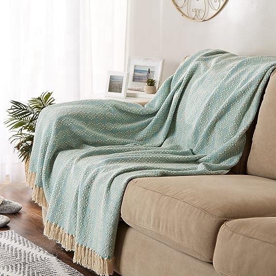 Gradient Geometric Throw Blanket, Cotton Linen Woven Decorative Blanket with Tassels for Couch Bed